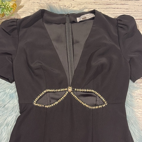 Mac Duggal Embellished Cutout Gown rhinestone puff sleeve bow black maxi - Picture 7 of 10